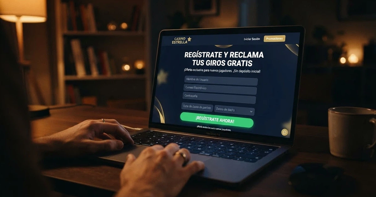 Pantalla de casino online español mostrando una promoción de tiradas gratis sin depósito con el texto «regístrate y reclama tus giros gratis»