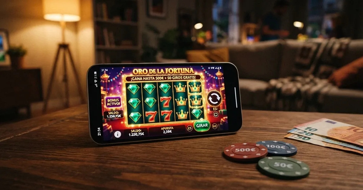 Interfaz de un casino online español mostrando una oferta de bono sin depósito de 5 euros en pantalla