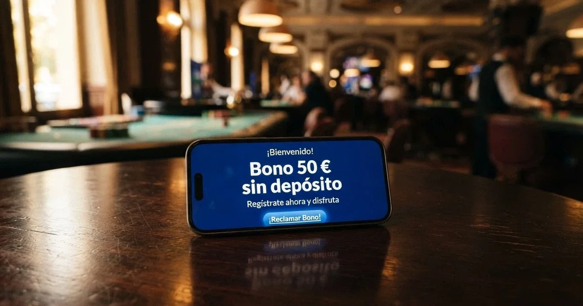 Un móvil mostrando la pantalla de bienvenida de un casino online español con la palabra «Bono 50 € sin depósito» destacada en pantalla