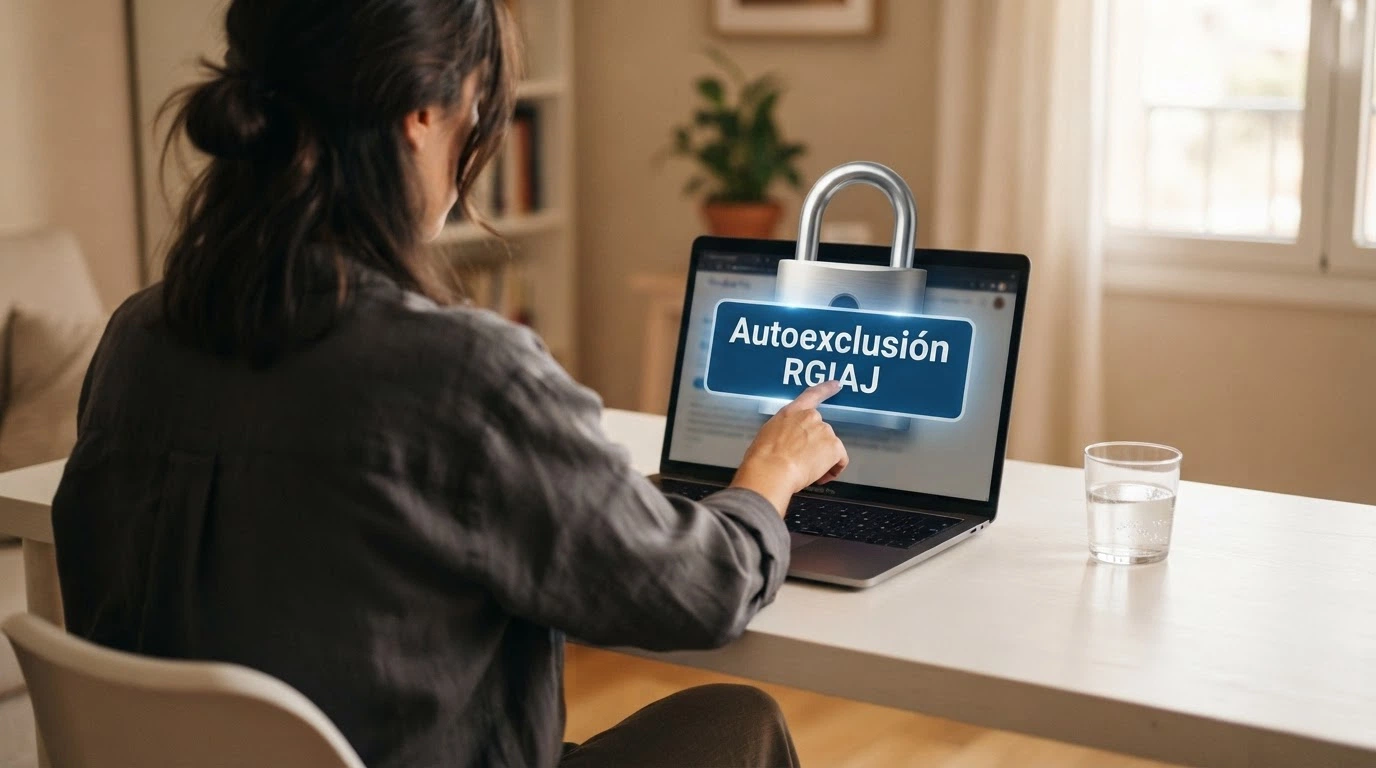 Una persona pulsando un botón digital con el texto «Autoexclusión RGIAJ» en la pantalla, con un candado cerrándose al fondo