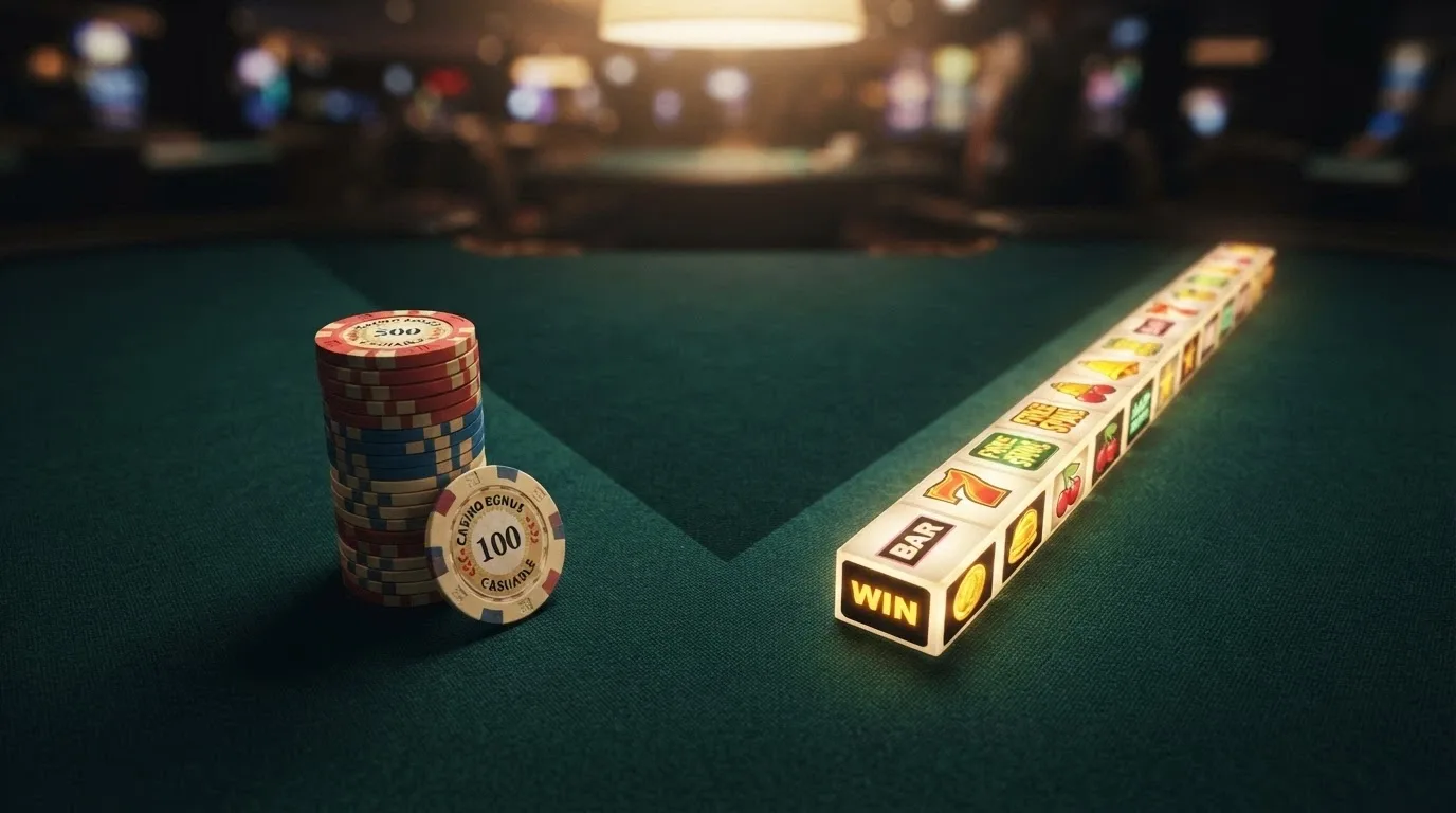 Dos caminos que se bifurcan: a la izquierda un fajo de billetes con el símbolo €, a la derecha una ruleta de slot girando