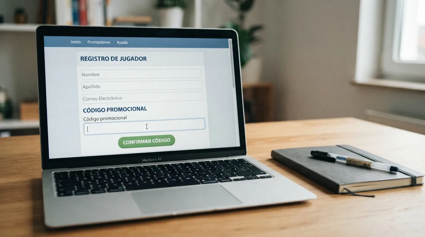Interfaz de casino online con el campo «código promocional» visible durante el proceso de registro