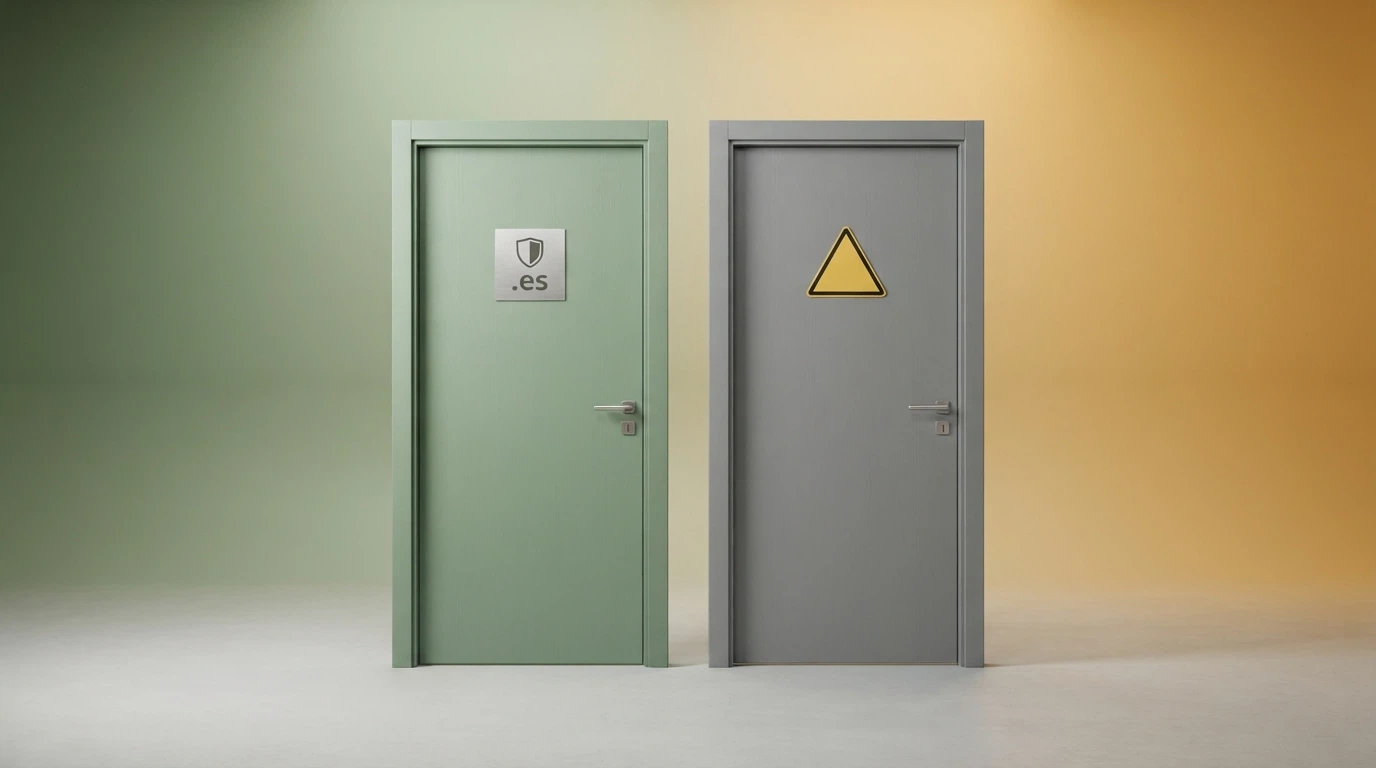 Dos puertas contrapuestas: una con el sello DGOJ y dominio .es en verde, otra con una señal de advertencia y las banderas de Curazao y Malta