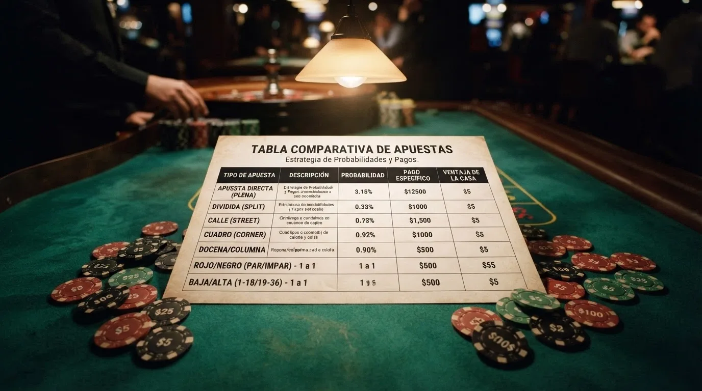 Una tabla comparativa sobre una mesa de juego con fichas de casino esparcidas y el logo de la DGOJ visible en una esquina