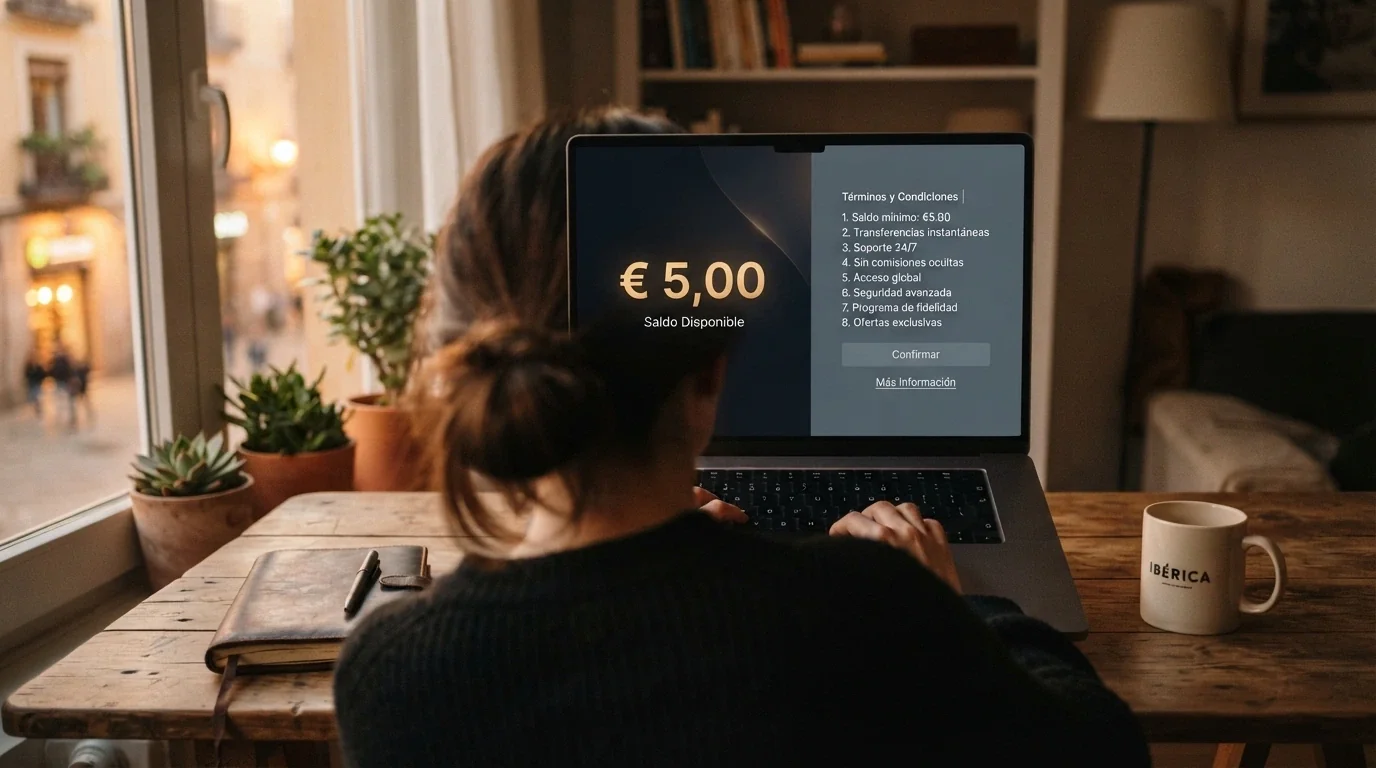 Un jugador ante una pantalla dividida: en un lado el saldo del bono de 5€, en el otro las condiciones reales que determinan el resultado final