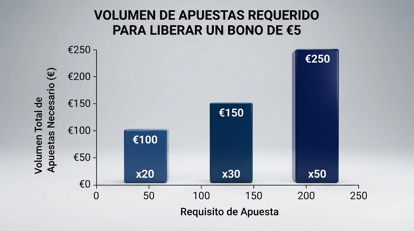Comparativa visual del volumen de apuesta requerido para liberar un bono de 5€ con rollover x20, x30 y x50