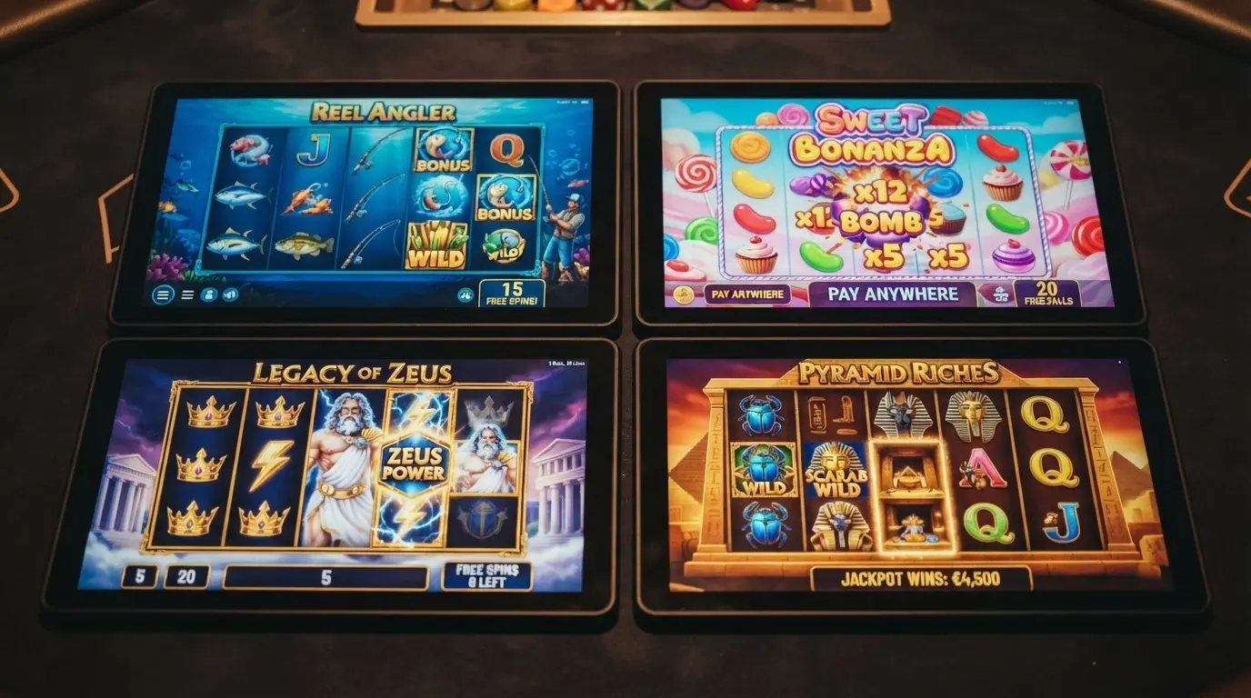 Collage visual con las carátulas de Big Bass Splash, Sweet Bonanza, Gates of Olympus y Queen of Pyramids, las tragaperras más usadas en promociones sin depósito